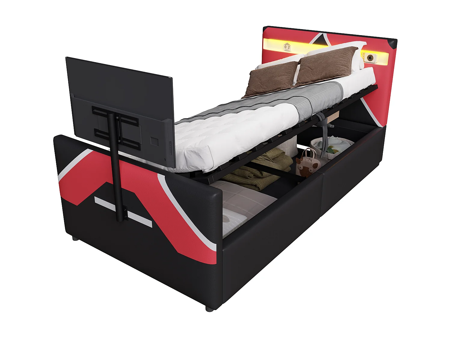 Lit coffre enfant 90x200cm - style e-sport - avec lumières LED - avec support TV intégré - noir + rouge (matelas non inclus)