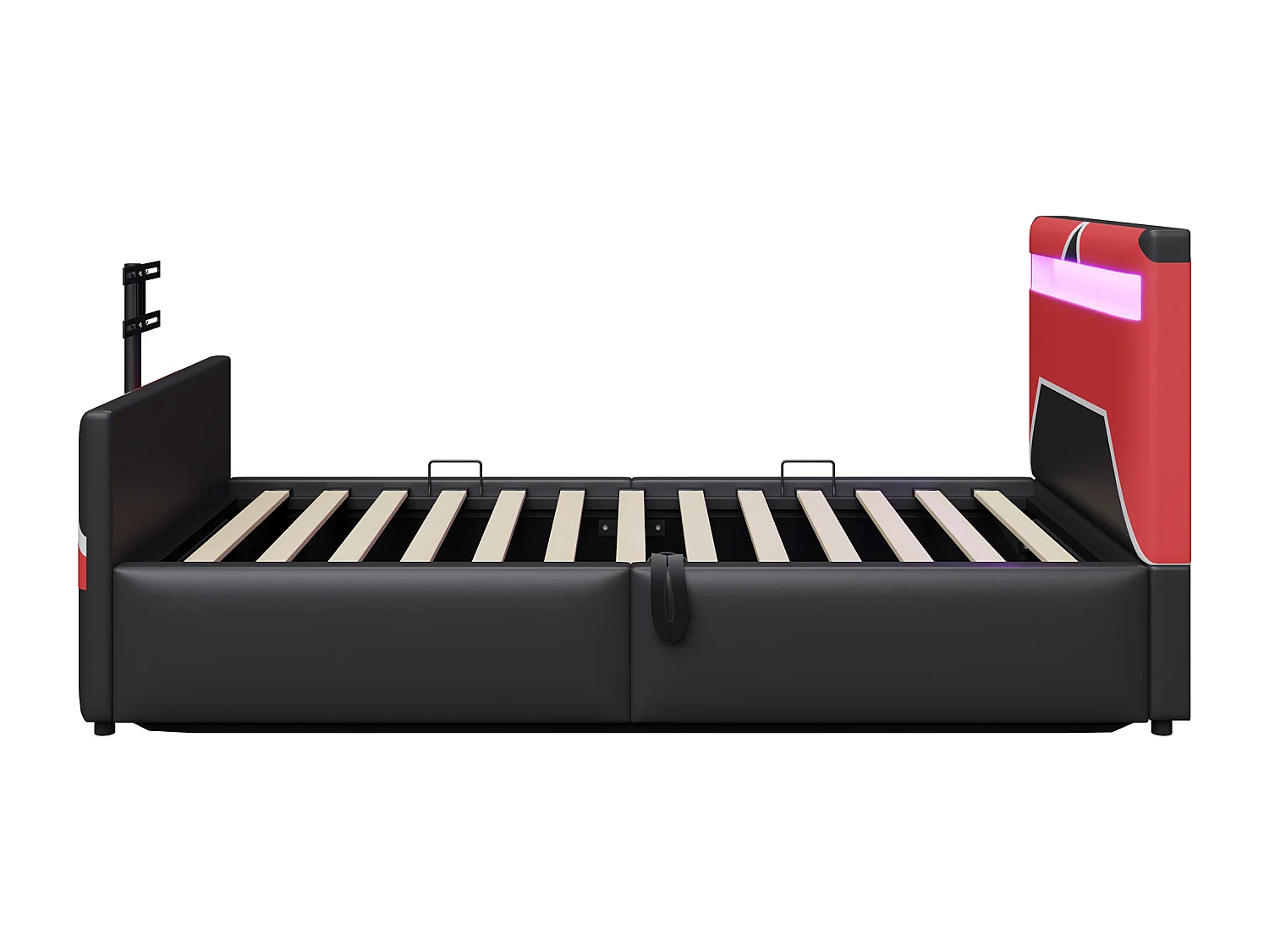Lit coffre enfant 90x200cm - style e-sport - avec lumières LED - avec support TV intégré - noir + rouge (matelas non inclus)