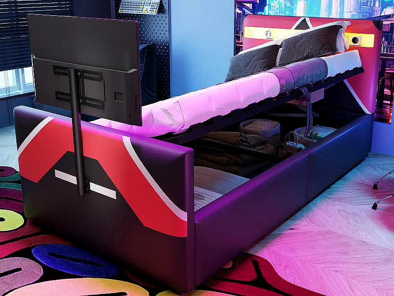 Lit coffre enfant 90x200cm - style e-sport - avec lumières LED - avec support TV intégré - noir + rouge (matelas non inclus)
