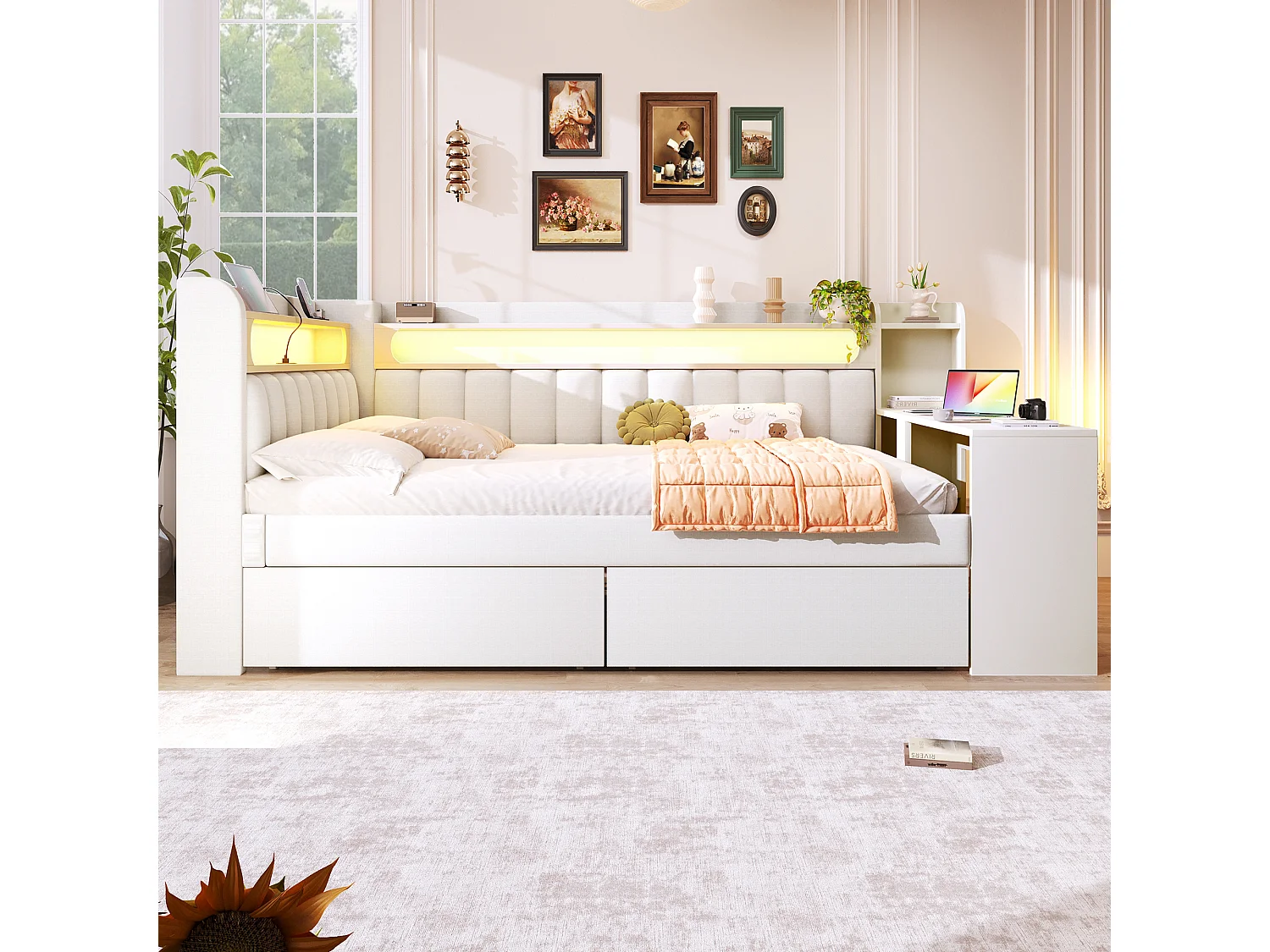 Canapé-lit rembourré 140x200 cm - avec ports USB et LED - avec bureau et 2 tiroirs - blanc(sans matelas)