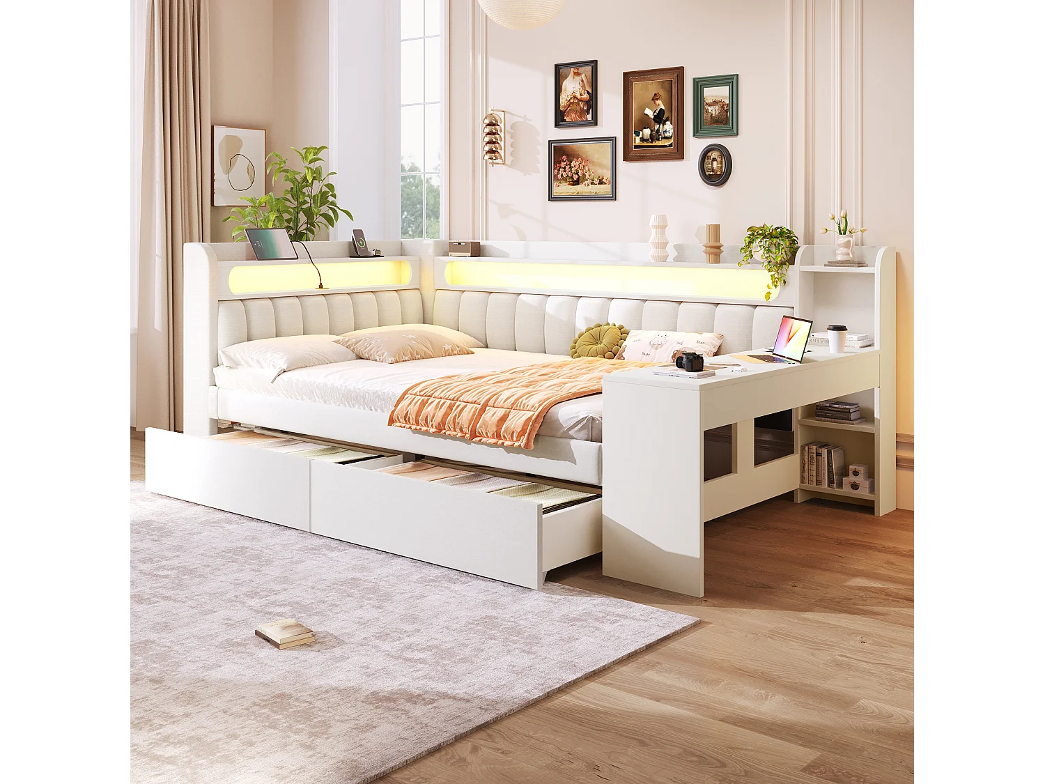 Canapé-lit rembourré 140x200 cm - avec ports USB et LED - avec bureau et 2 tiroirs - blanc(sans matelas)