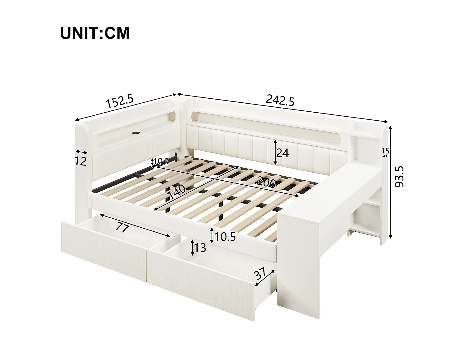 Canapé-lit rembourré 140x200 cm - avec ports USB et LED - avec bureau et 2 tiroirs - blanc(sans matelas)