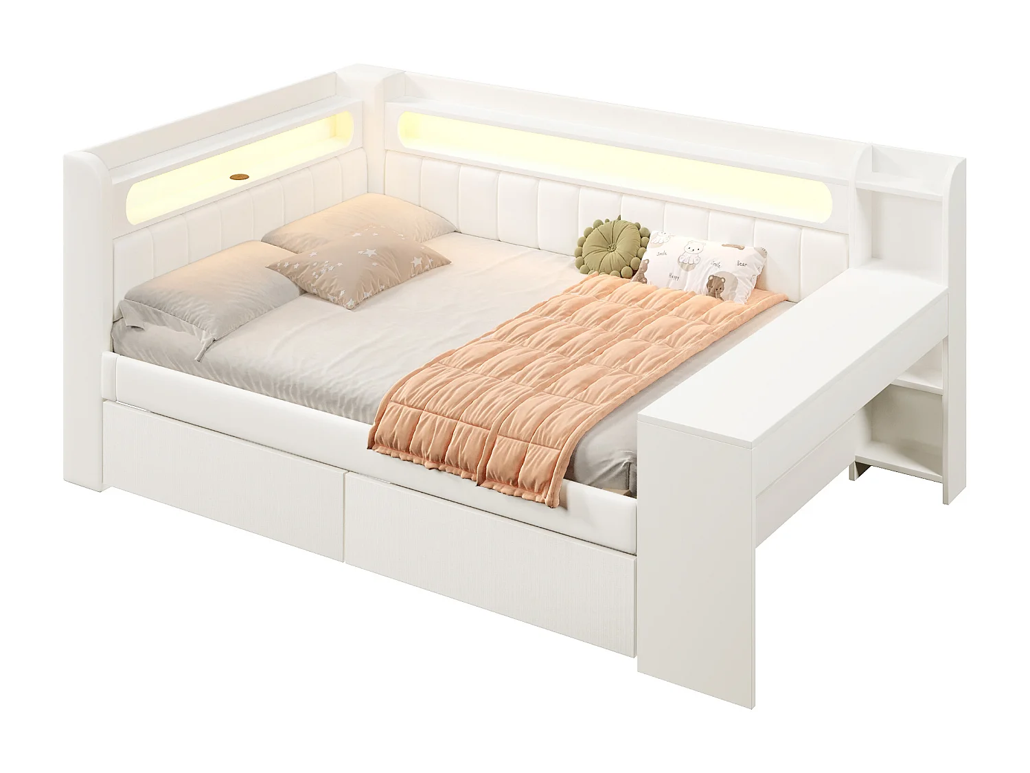 Canapé-lit rembourré 140x200 cm - avec ports USB et LED - avec bureau et 2 tiroirs - blanc(sans matelas)