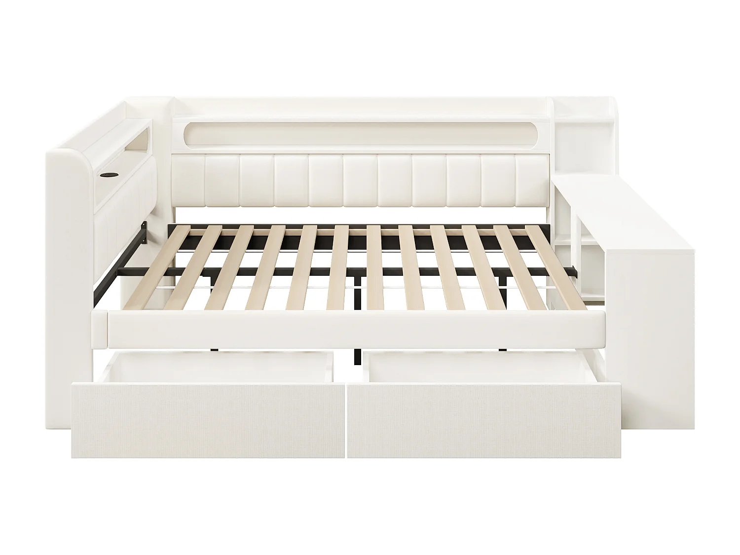 Canapé-lit rembourré 140x200 cm - avec ports USB et LED - avec bureau et 2 tiroirs - blanc(sans matelas)