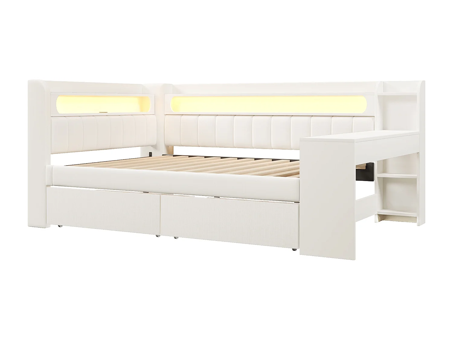 Canapé-lit rembourré 140x200 cm - avec ports USB et LED - avec bureau et 2 tiroirs - blanc(sans matelas)