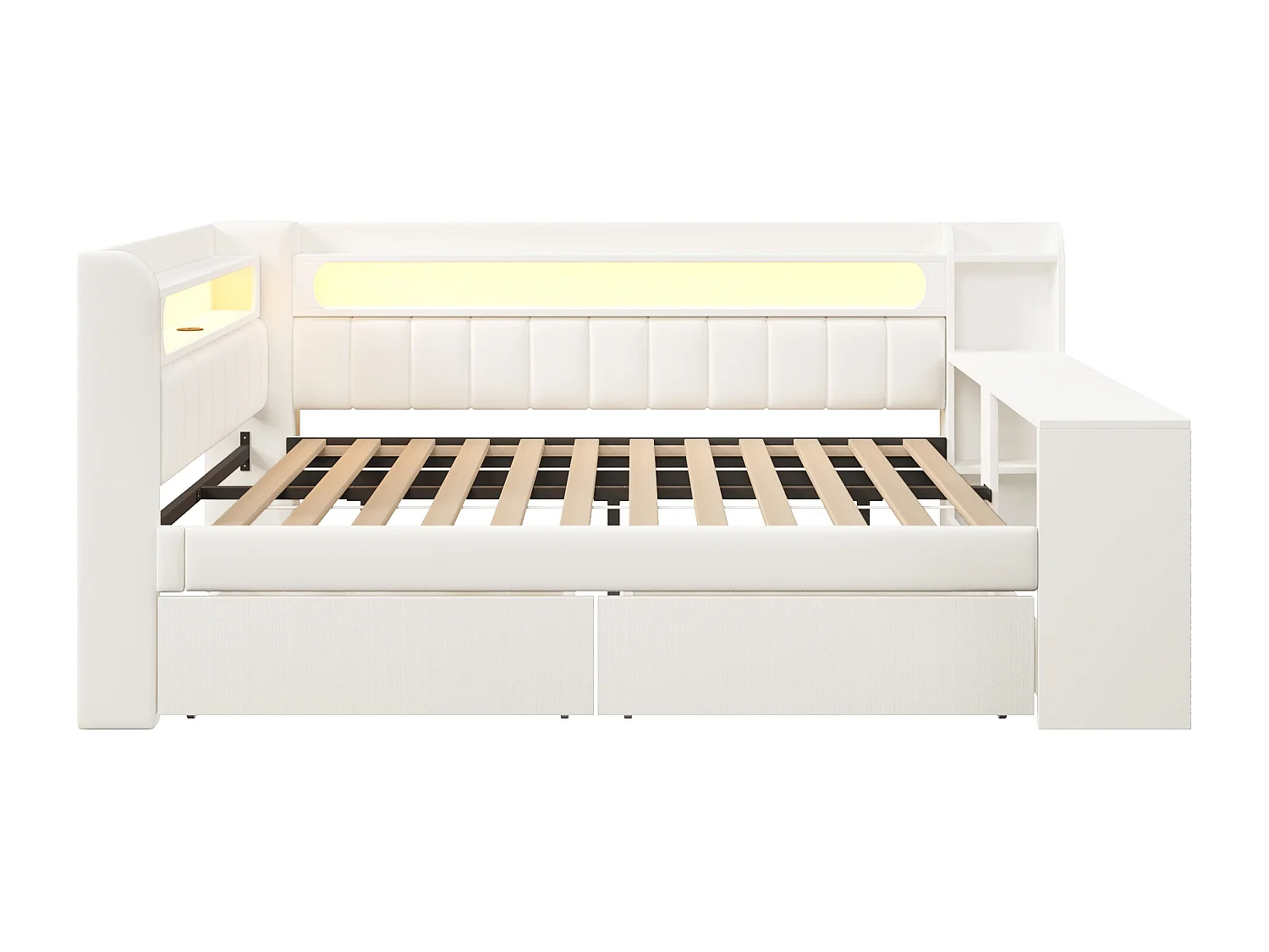 Canapé-lit rembourré 140x200 cm - avec ports USB et LED - avec bureau et 2 tiroirs - blanc(sans matelas)