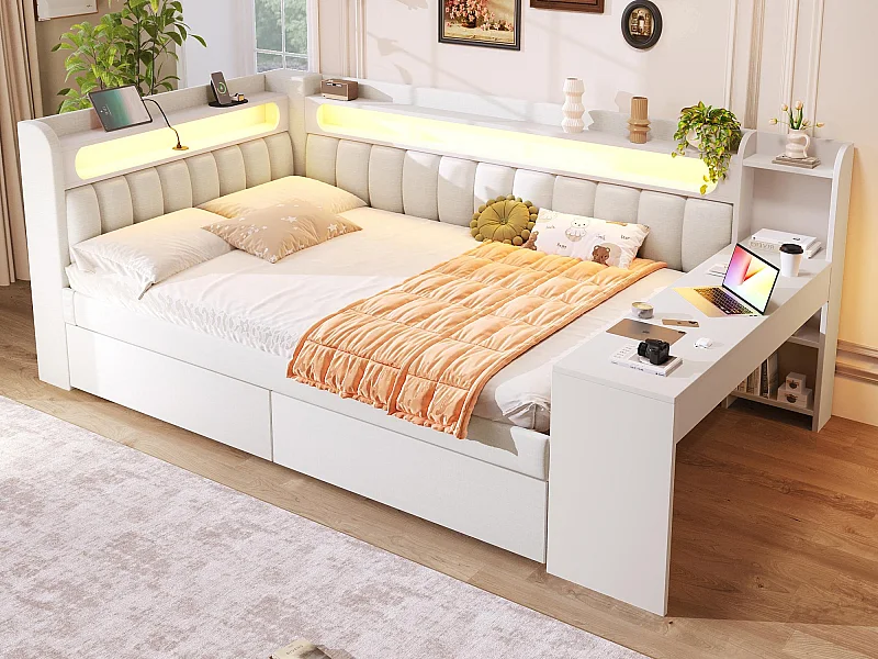 Canapé-lit rembourré 140x200 cm - avec ports USB et LED - avec bureau et 2 tiroirs - blanc(sans matelas)