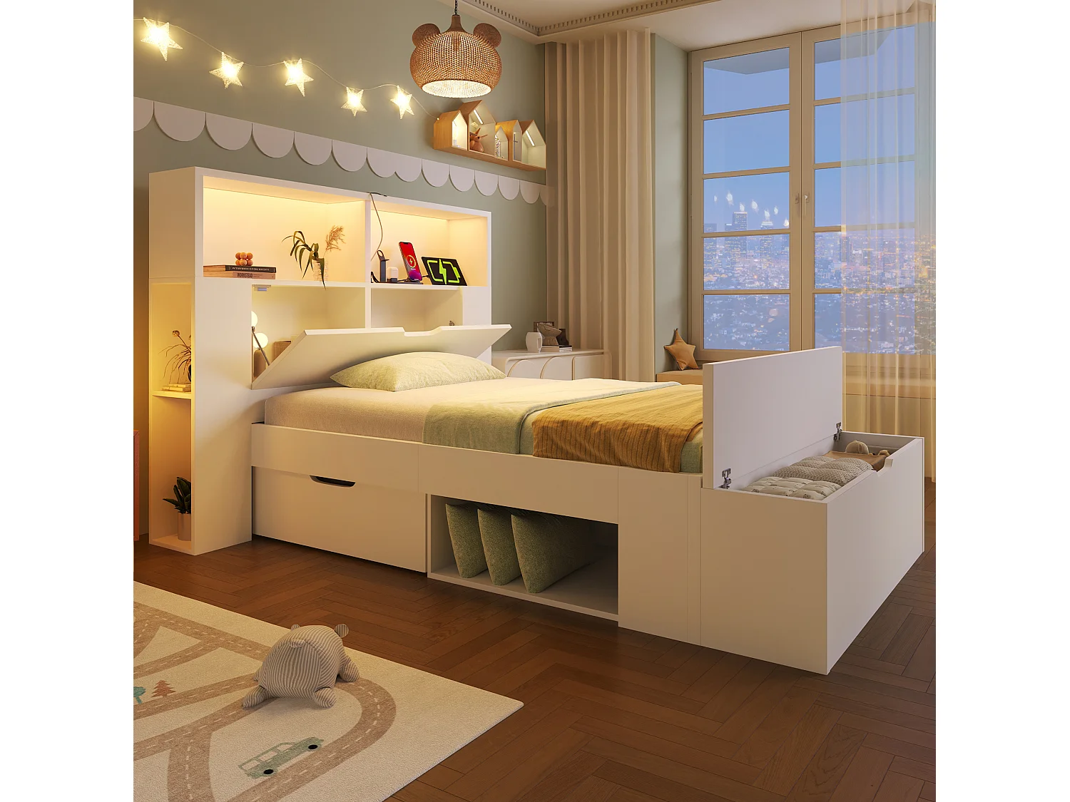 Lit simple 90x200cm - avec lumière LED et port USB - avec banc coffre - grand espace de rangement - Blanc (matelas non inclus)