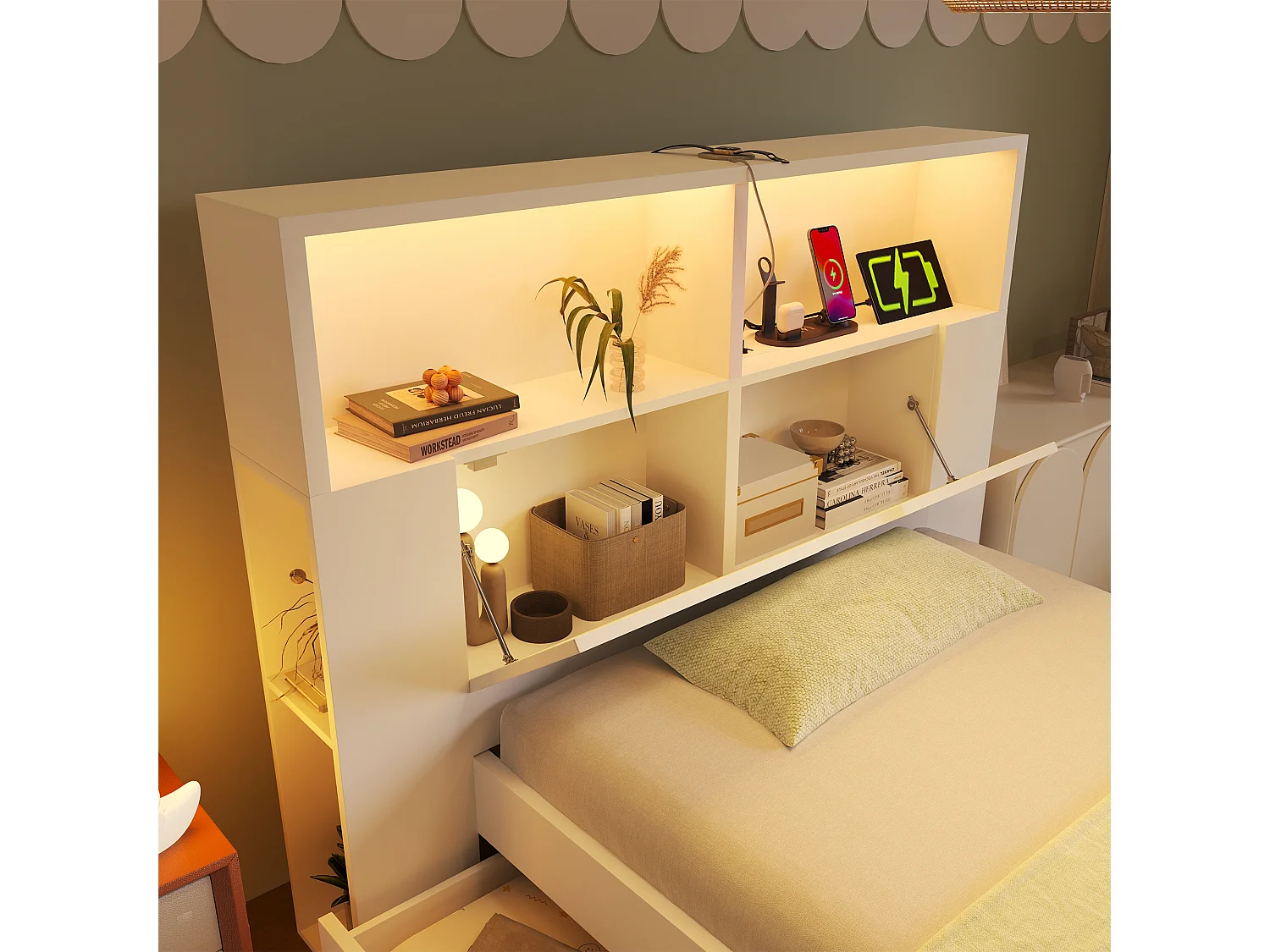 Lit simple 90x200cm - avec lumière LED et port USB - avec banc coffre - grand espace de rangement - Blanc (matelas non inclus)