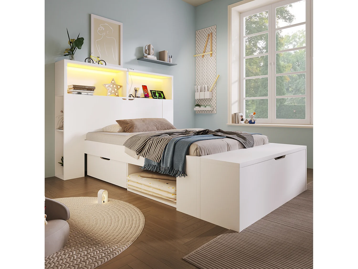 Lit simple 90x200cm - avec lumière LED et port USB - avec banc coffre - grand espace de rangement - Blanc (matelas non inclus)