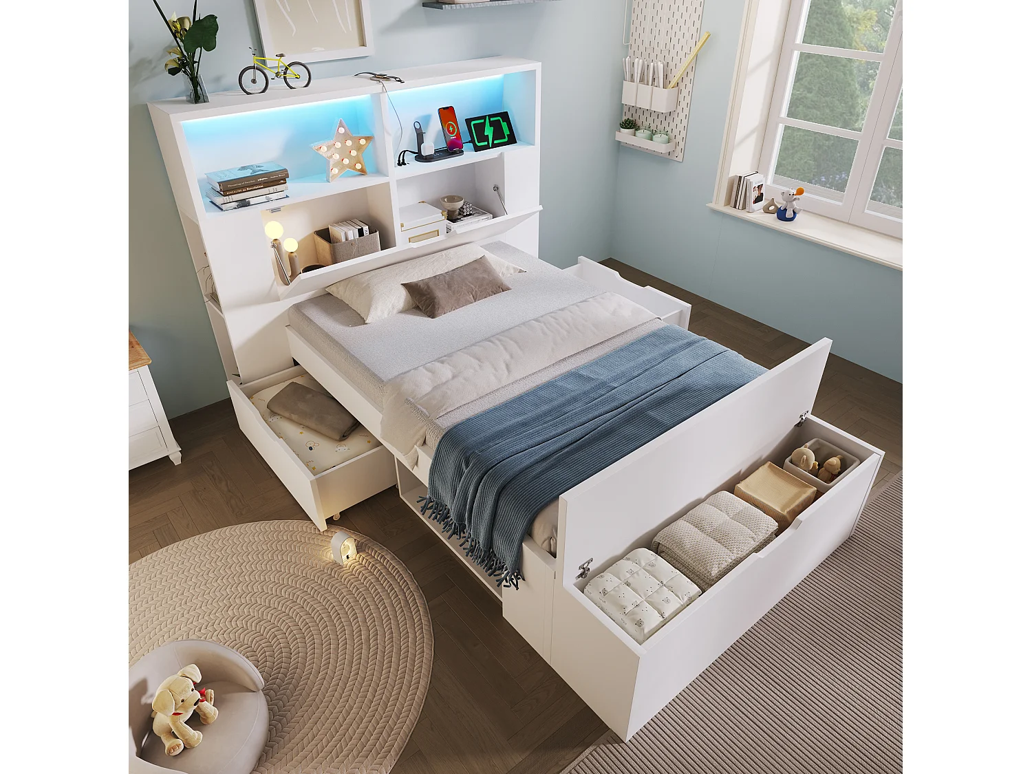 Lit simple 90x200cm - avec lumière LED et port USB - avec banc coffre - grand espace de rangement - Blanc (matelas non inclus)