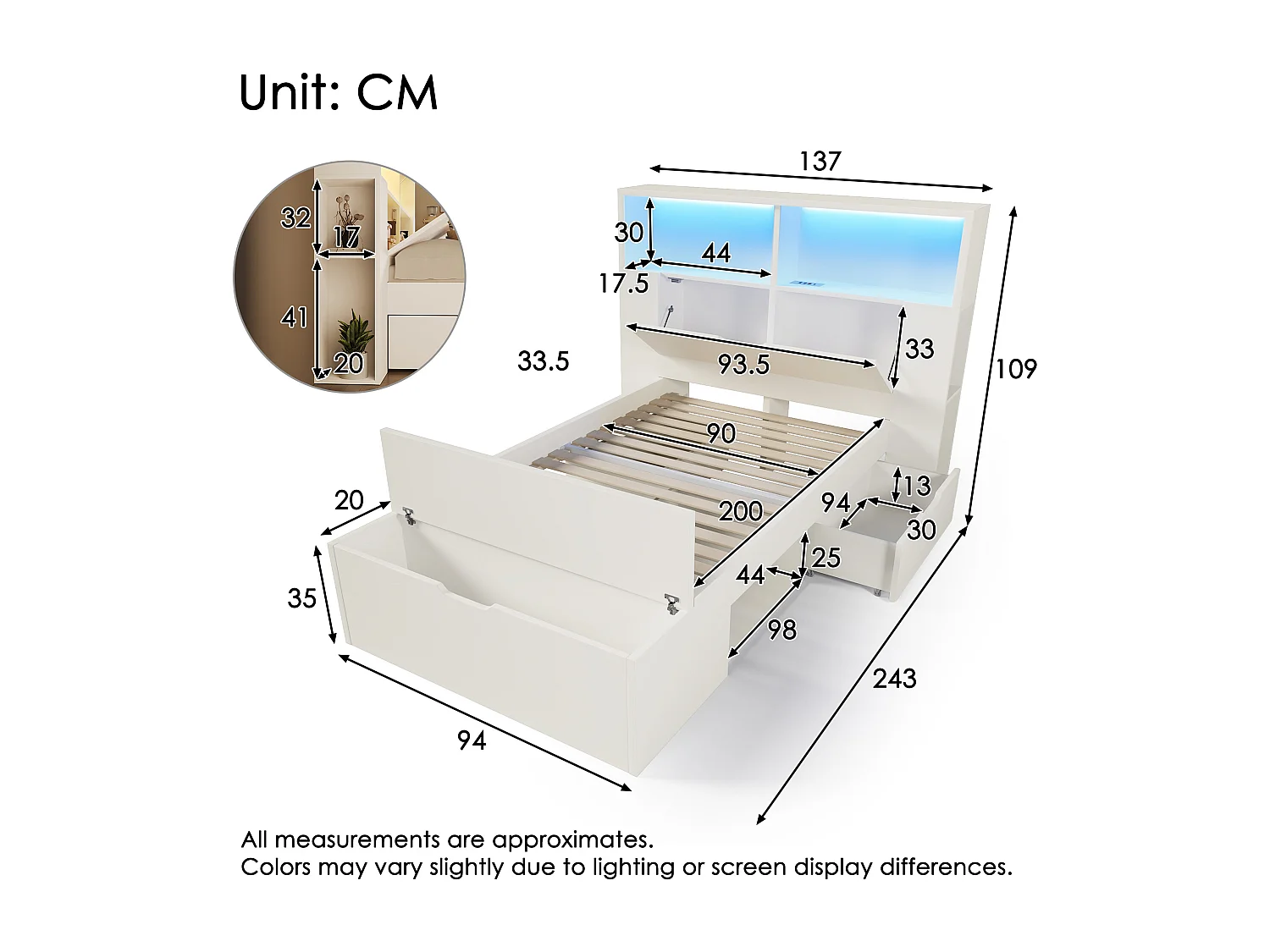 Lit simple 90x200cm - avec lumière LED et port USB - avec banc coffre - grand espace de rangement - Blanc (matelas non inclus)