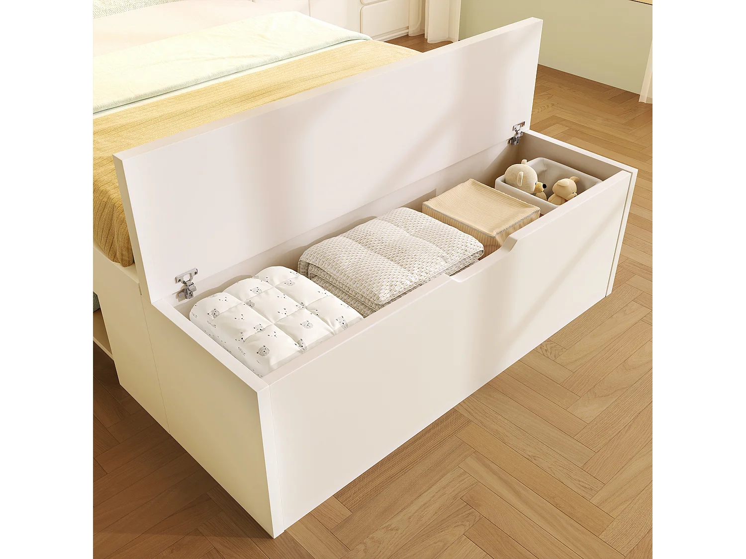 Lit simple 90x200cm - avec lumière LED et port USB - avec banc coffre - grand espace de rangement - Blanc (matelas non inclus)