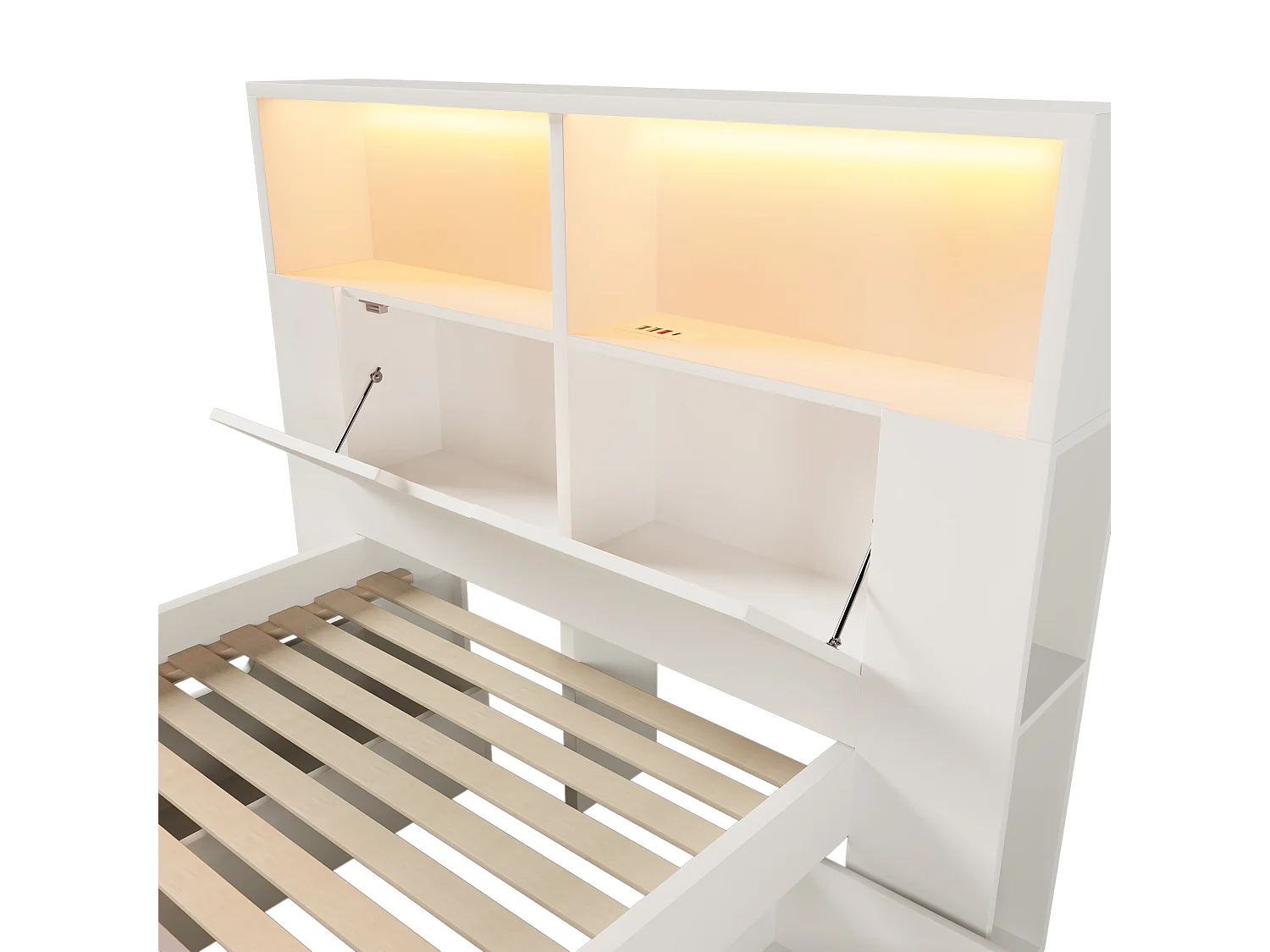 Lit simple 90x200cm - avec lumière LED et port USB - avec banc coffre - grand espace de rangement - Blanc (matelas non inclus)