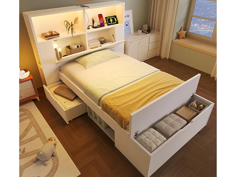 Lit simple 90x200cm - avec lumière LED et port USB - avec banc coffre - grand espace de rangement - Blanc (matelas non inclus)