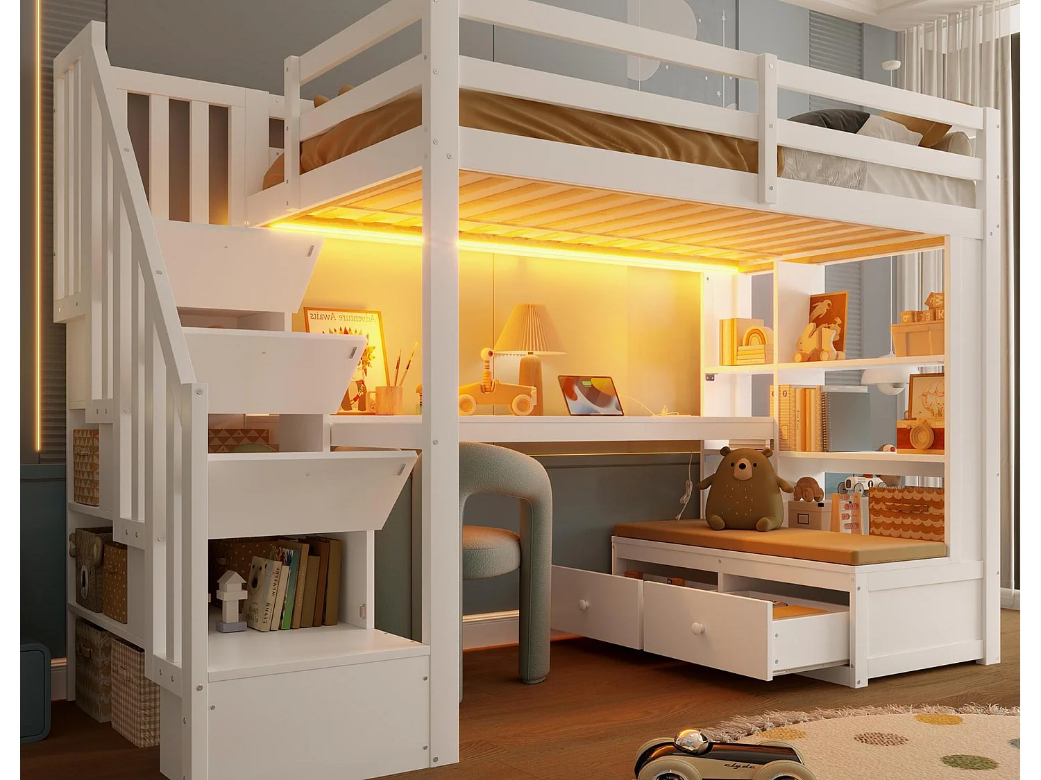 Lit mezzanine enfant 90x200cm - avec bureau et étagère - 2 tiroirs - escalier de rangement - blanc (sans matelas)