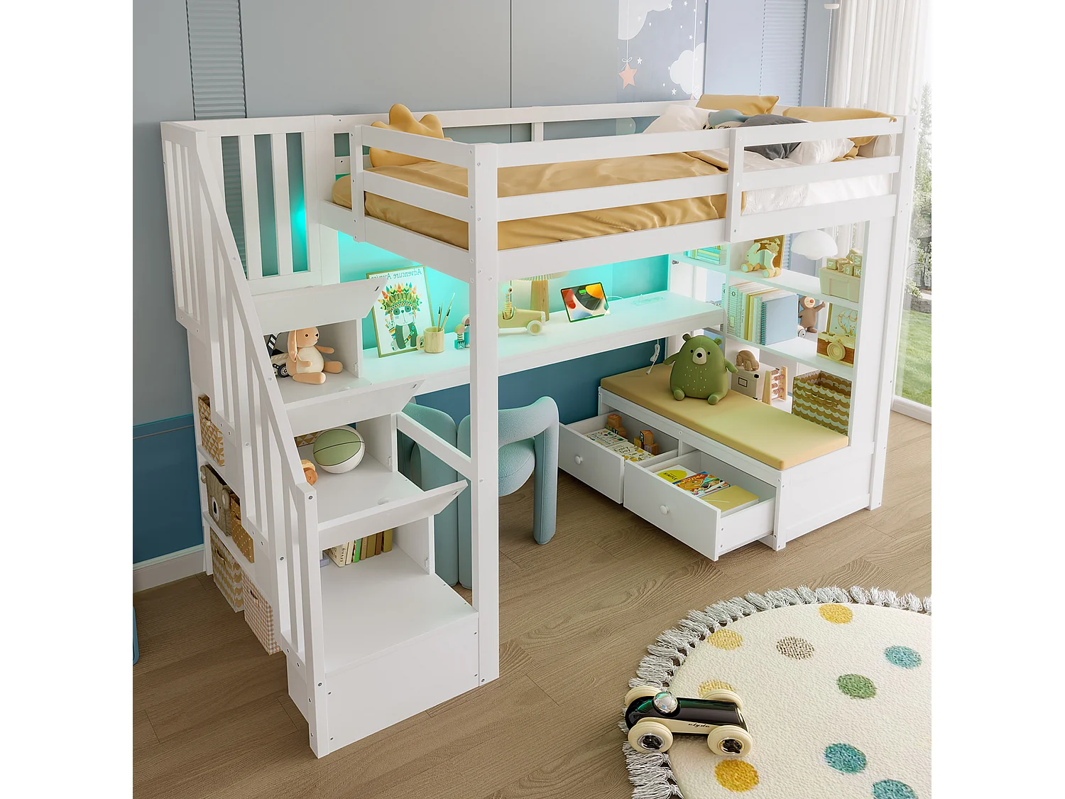 Hochbett für Kinder 90x200 cm - mit Schreibtisch und Regal - 2 Schubladen - Aufbewahrungstreppen - weiß (ohne Matratze)