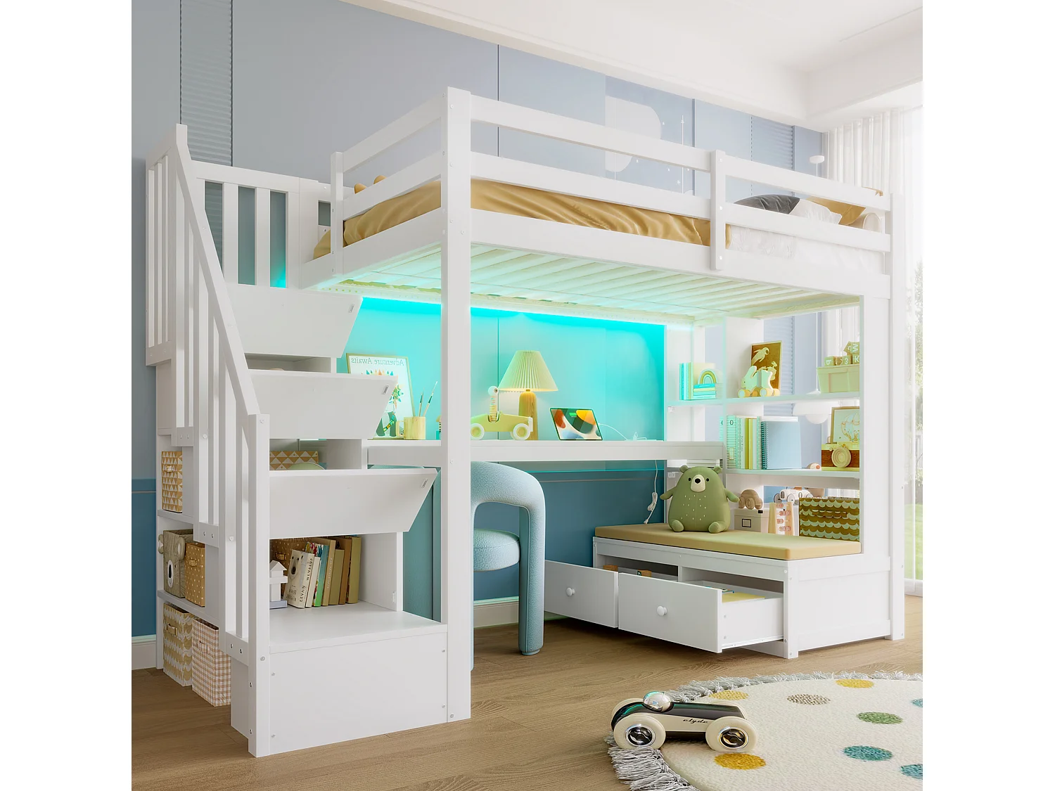 Hochbett für Kinder 90x200 cm - mit Schreibtisch und Regal - 2 Schubladen - Aufbewahrungstreppen - weiß (ohne Matratze)