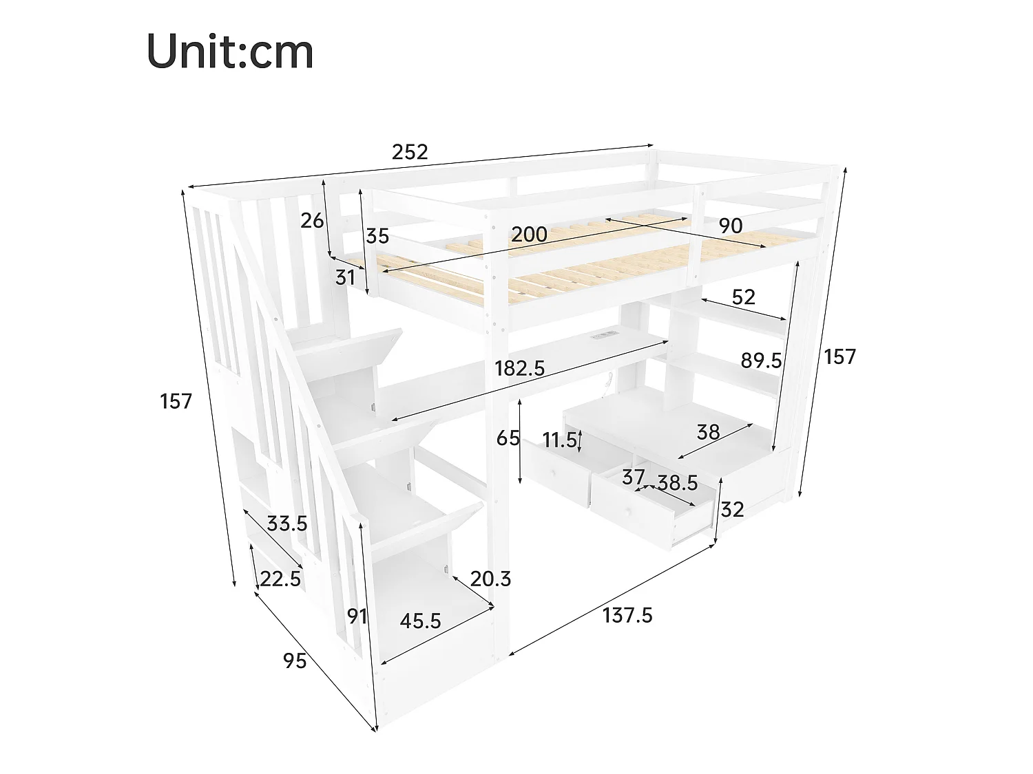 Hochbett für Kinder 90x200 cm - mit Schreibtisch und Regal - 2 Schubladen - Aufbewahrungstreppen - weiß (ohne Matratze)