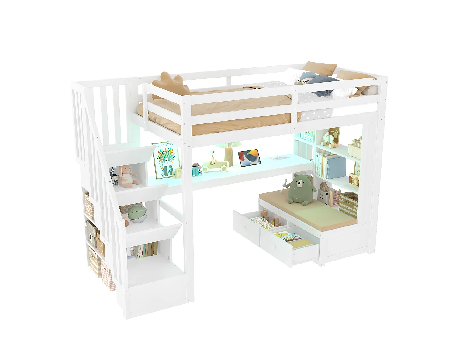 Hochbett für Kinder 90x200 cm - mit Schreibtisch und Regal - 2 Schubladen - Aufbewahrungstreppen - weiß (ohne Matratze)