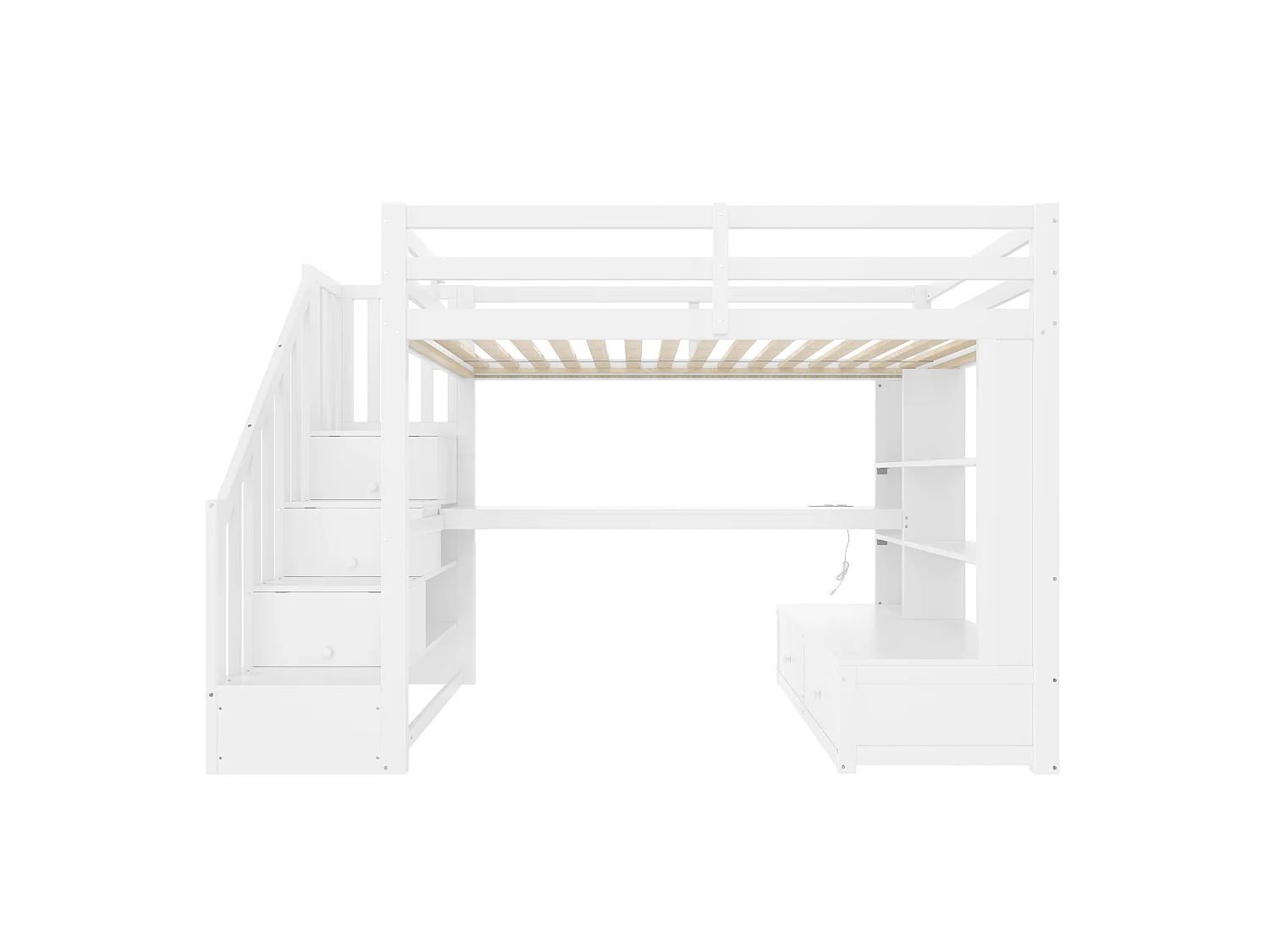 Hochbett für Kinder 90x200 cm - mit Schreibtisch und Regal - 2 Schubladen - Aufbewahrungstreppen - weiß (ohne Matratze)