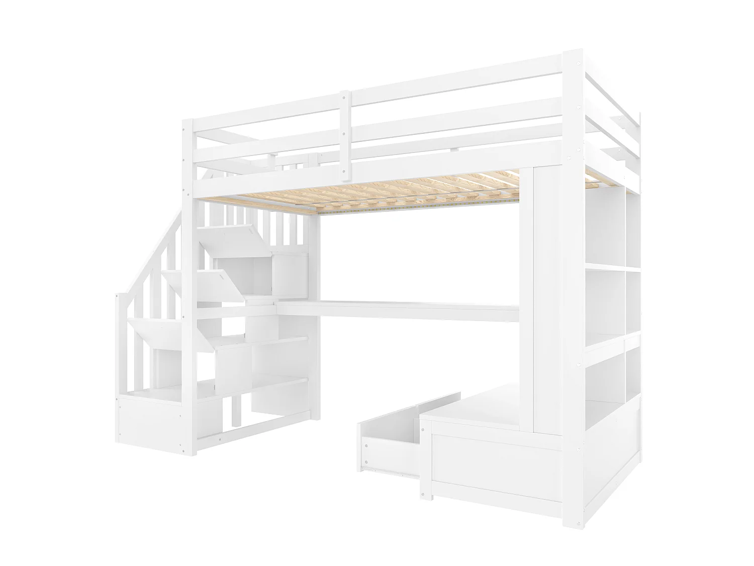 Hochbett für Kinder 90x200 cm - mit Schreibtisch und Regal - 2 Schubladen - Aufbewahrungstreppen - weiß (ohne Matratze)