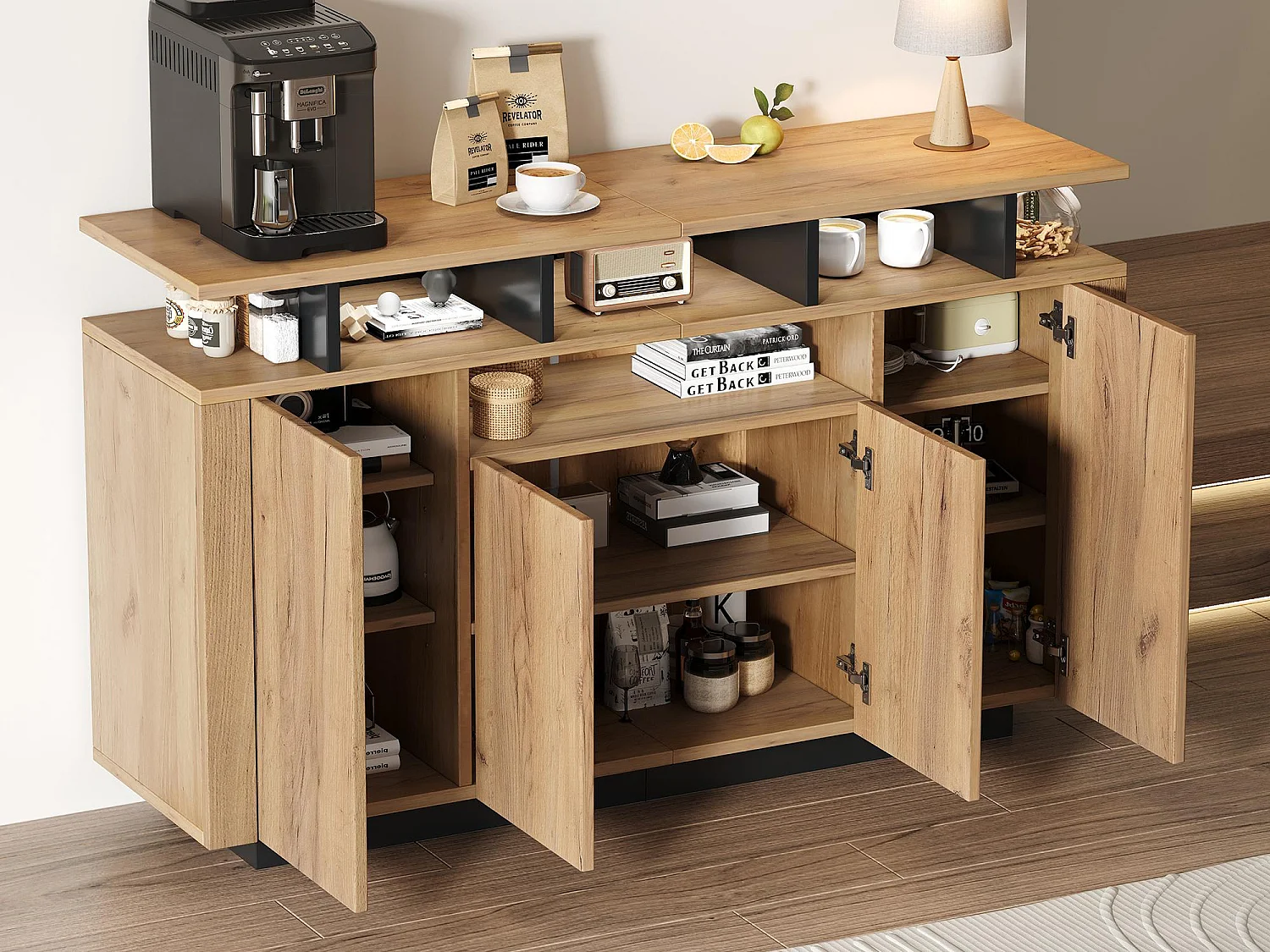 Buffet moderne 120x40x85cm - avec 4 portes - avec compartiments ouverts - panneau de particules - Blanc + Noir