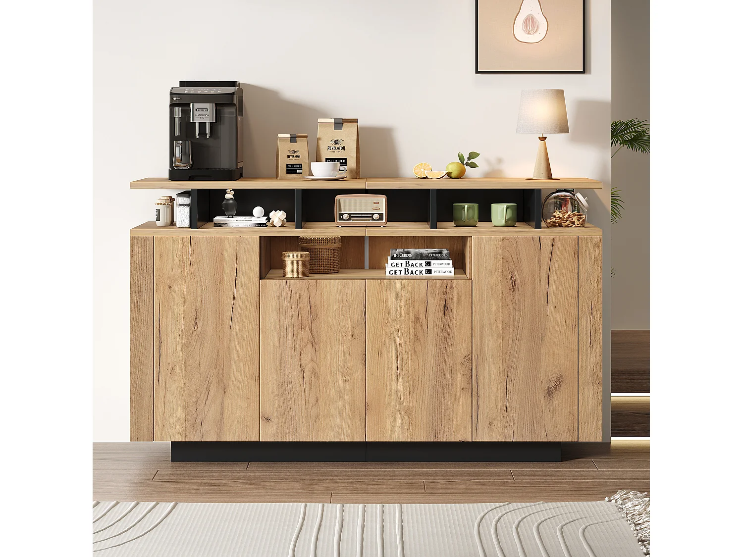 Buffet moderne 120x40x85cm - avec 4 portes - avec compartiments ouverts - panneau de particules - Blanc + Noir