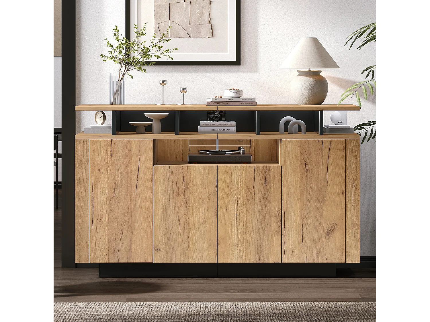 Buffet moderne 120x40x85cm - avec 4 portes - avec compartiments ouverts - panneau de particules - Blanc + Noir