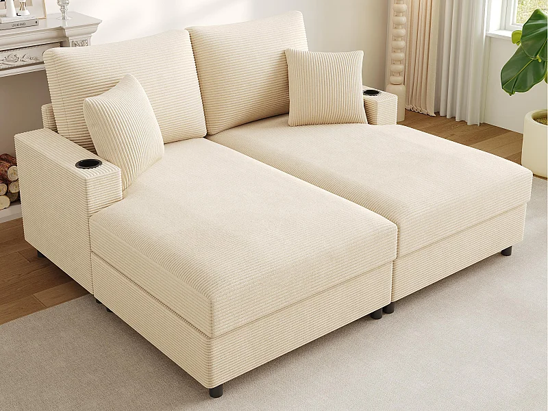 Joli canapé - Canapé rembourré - avec support pour téléphone + port USB - avec porte-gobelet - Velours côtelé - Beige