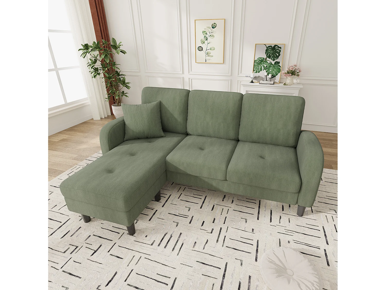3-zits hoekbank met chaise longue - 166 x 118 x 77 cm - fluwelen stof - kunststof poten - groen