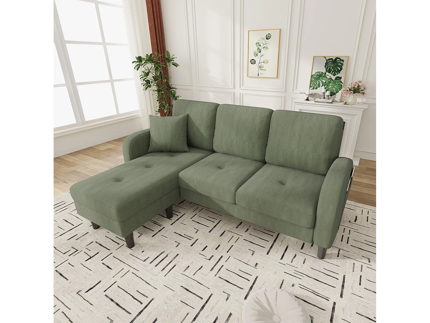 3-zits hoekbank met chaise longue - 166 x 118 x 77 cm - fluwelen stof - kunststof poten - groen