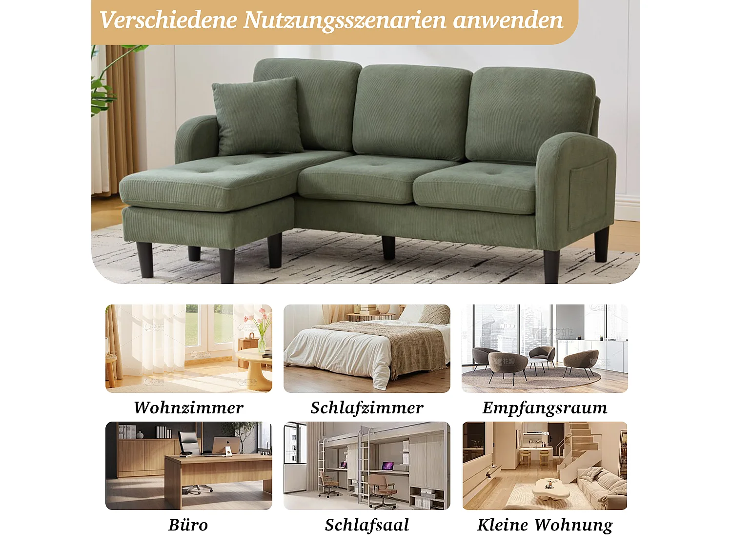 3-zits hoekbank met chaise longue - 166 x 118 x 77 cm - fluwelen stof - kunststof poten - groen