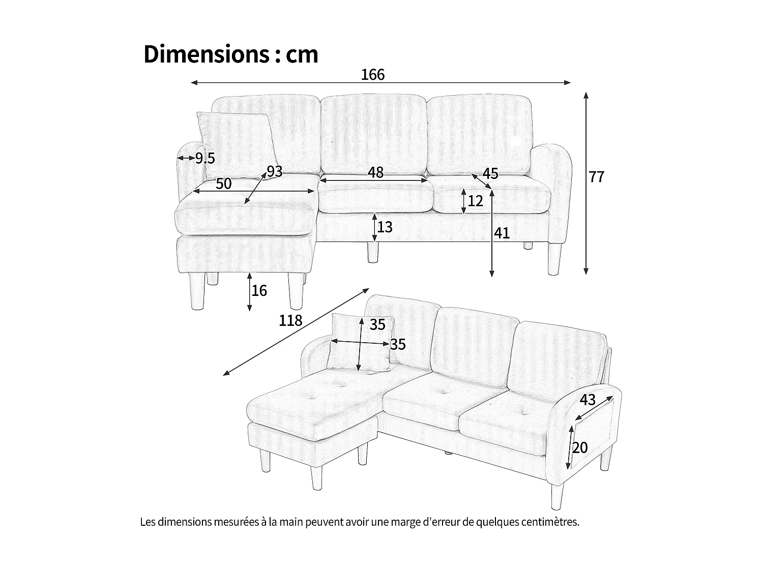 3-zits hoekbank met chaise longue - 166 x 118 x 77 cm - fluwelen stof - kunststof poten - groen
