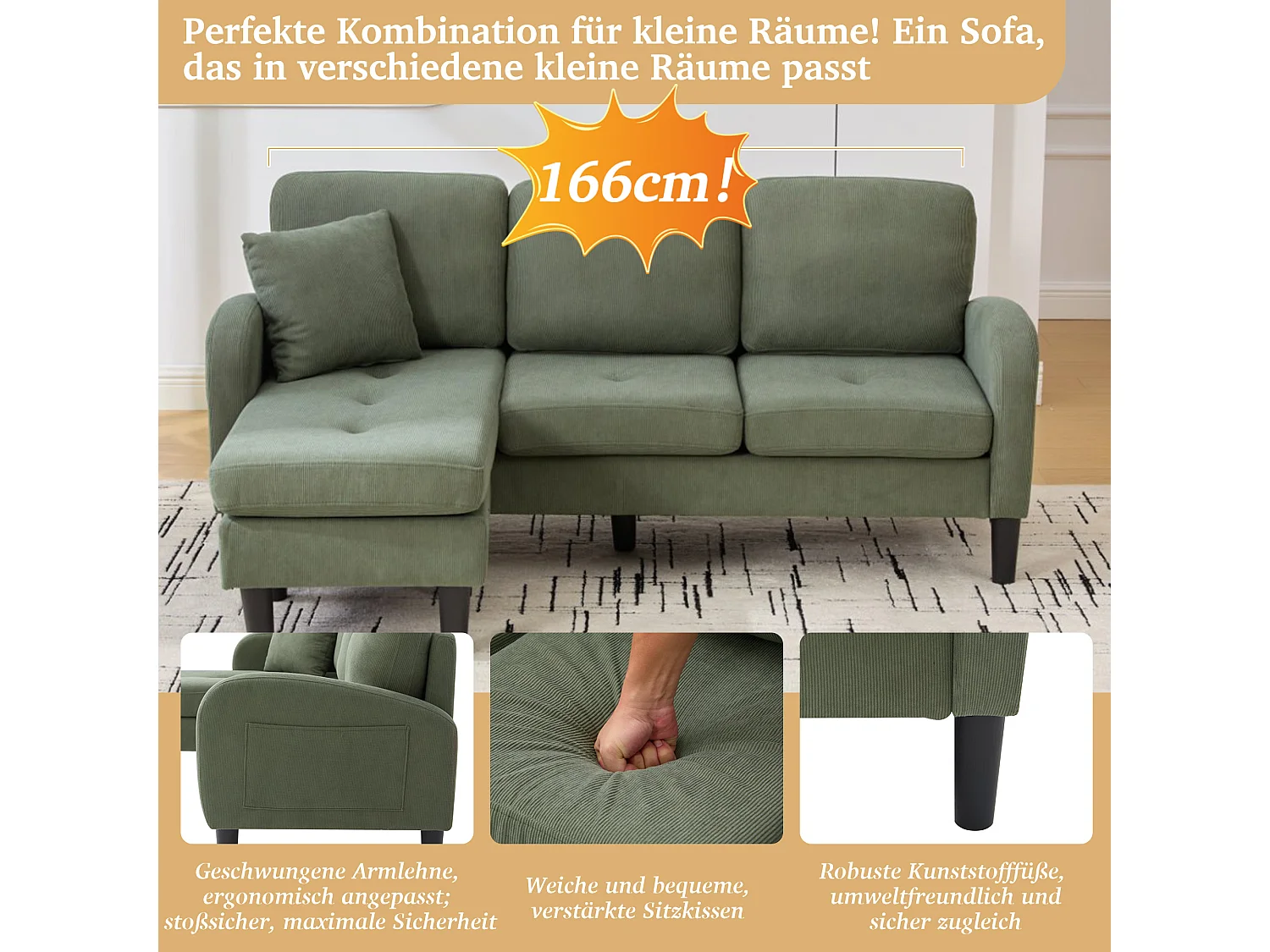 3-zits hoekbank met chaise longue - 166 x 118 x 77 cm - fluwelen stof - kunststof poten - groen