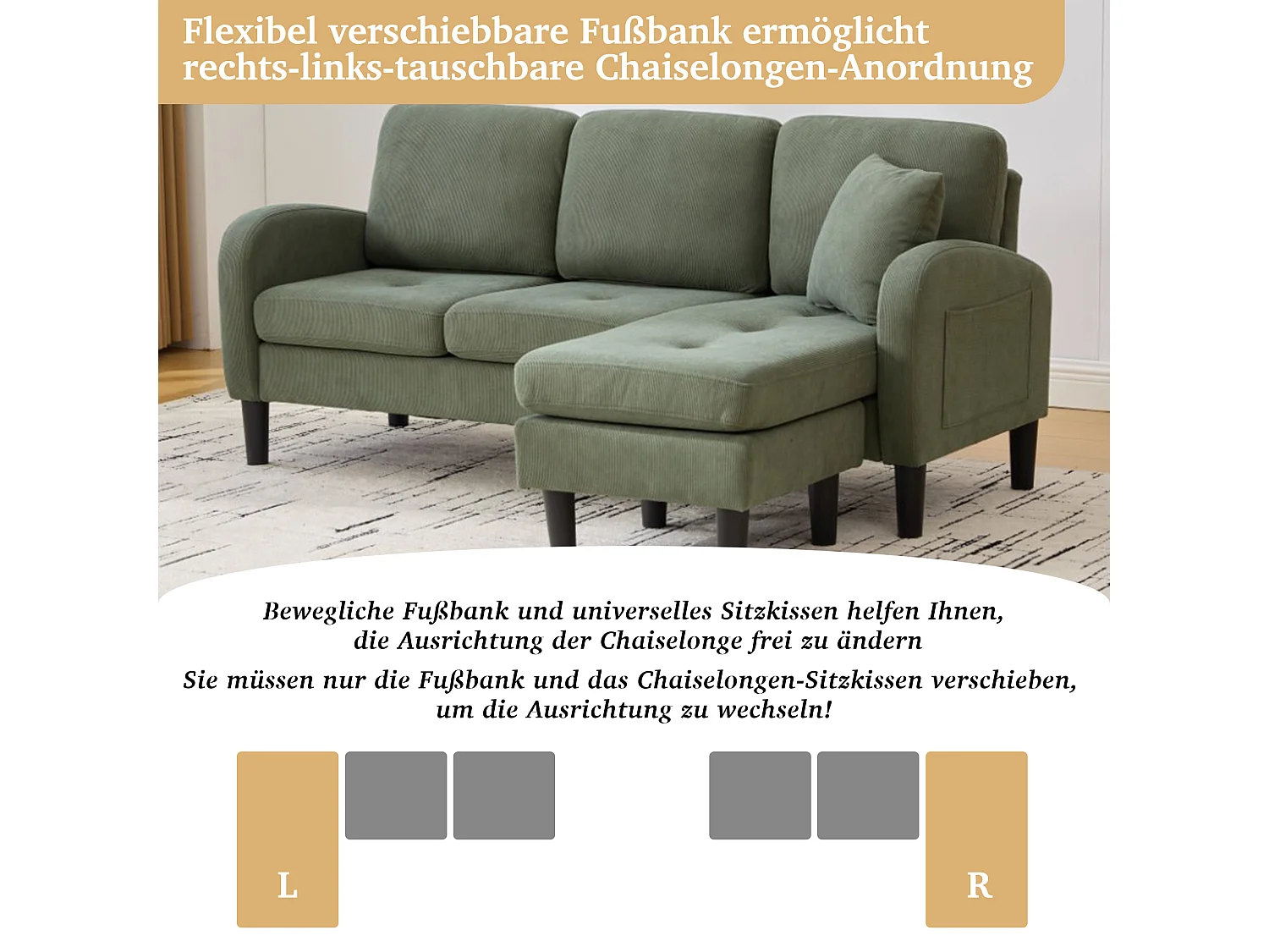 3-zits hoekbank met chaise longue - 166 x 118 x 77 cm - fluwelen stof - kunststof poten - groen