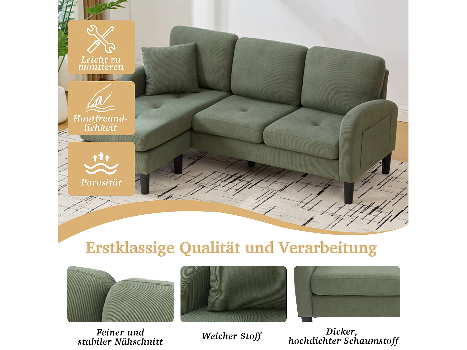 3-zits hoekbank met chaise longue - 166 x 118 x 77 cm - fluwelen stof - kunststof poten - groen