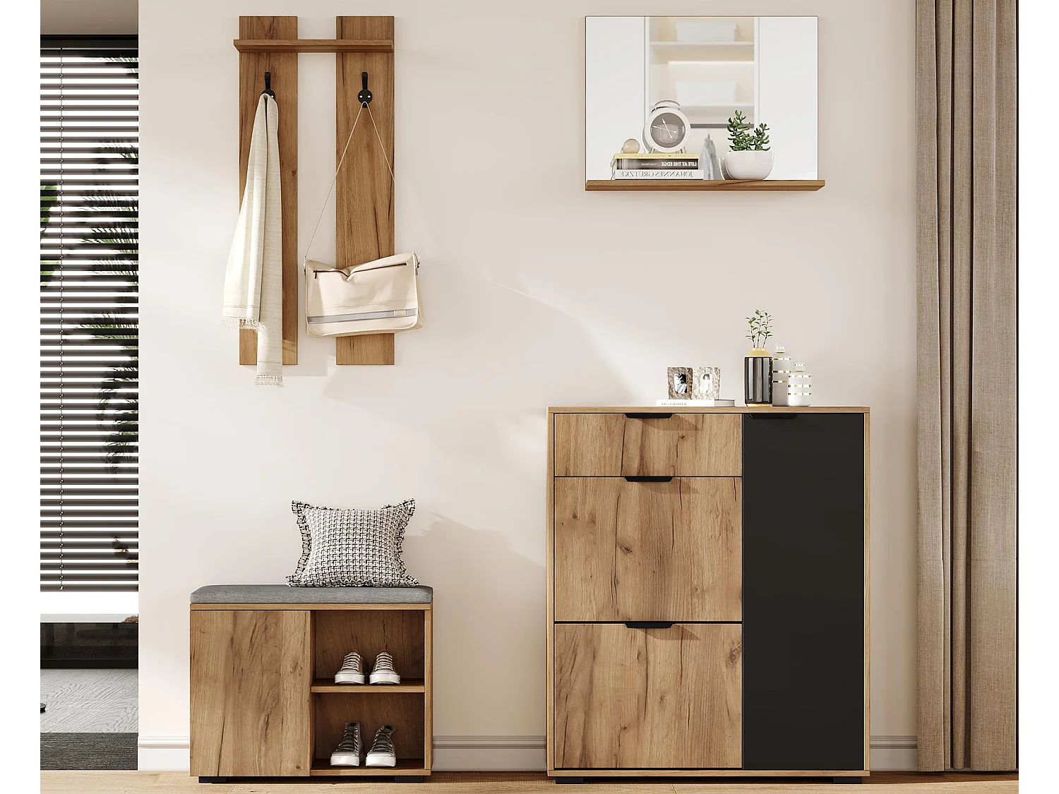 Garderoben-Set für den Eingang 4-teilig - Schuhschrank und Schuhbank - Spiegel und Kleiderständer - Natur + Schwarz