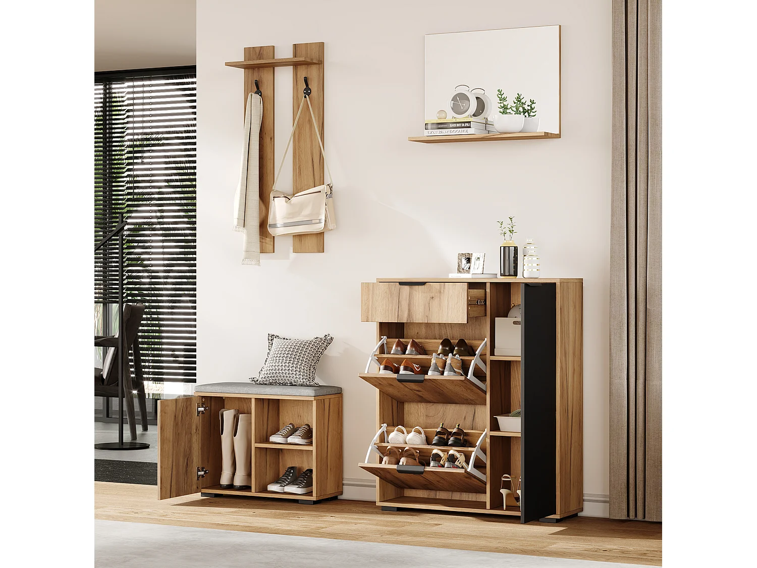 Garderoben-Set für den Eingang 4-teilig - Schuhschrank und Schuhbank - Spiegel und Kleiderständer - Natur + Schwarz