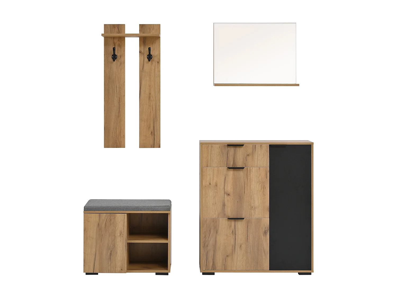 Garderoben-Set für den Eingang 4-teilig - Schuhschrank und Schuhbank - Spiegel und Kleiderständer - Natur + Schwarz