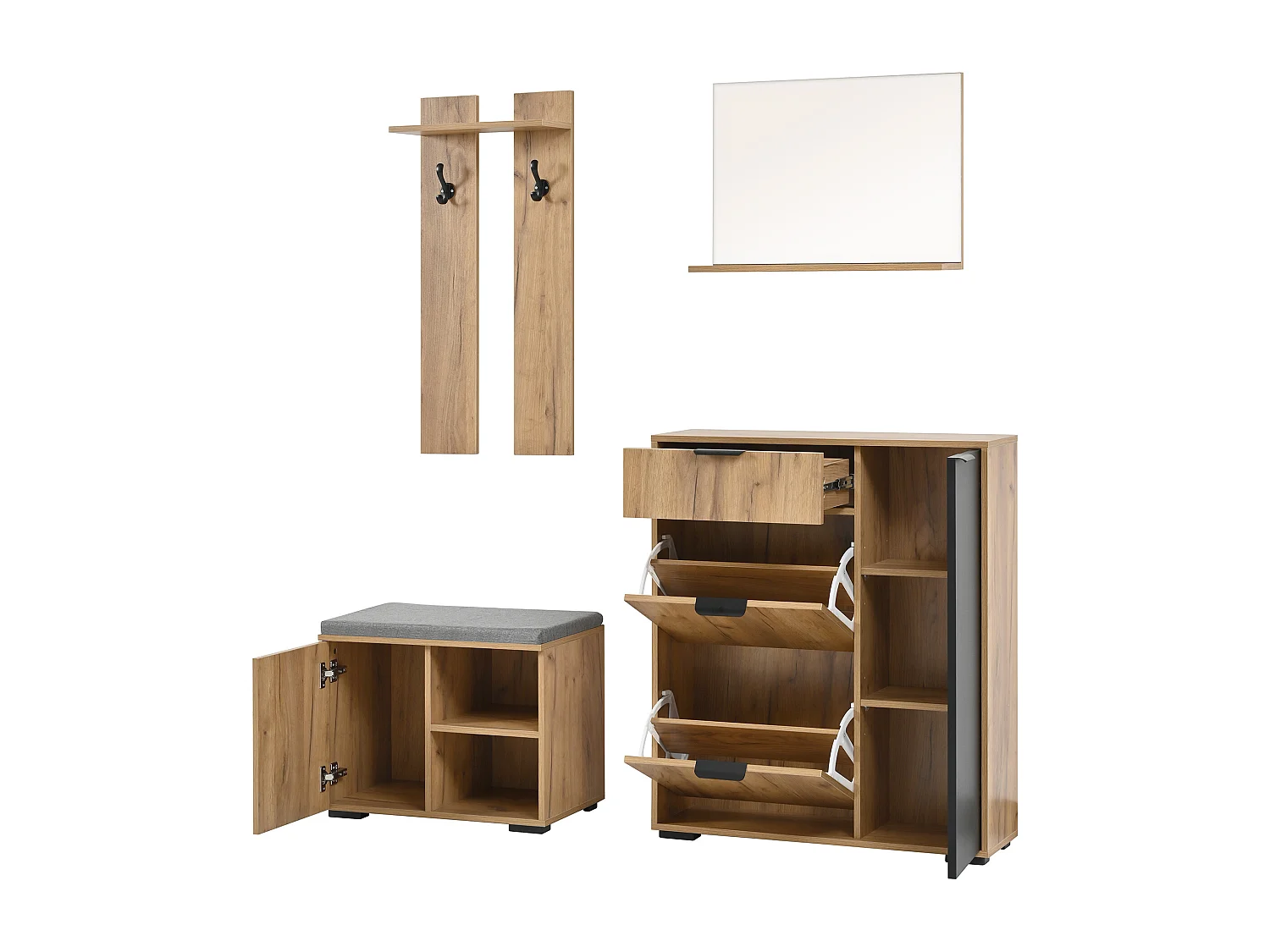 Garderoben-Set für den Eingang 4-teilig - Schuhschrank und Schuhbank - Spiegel und Kleiderständer - Natur + Schwarz