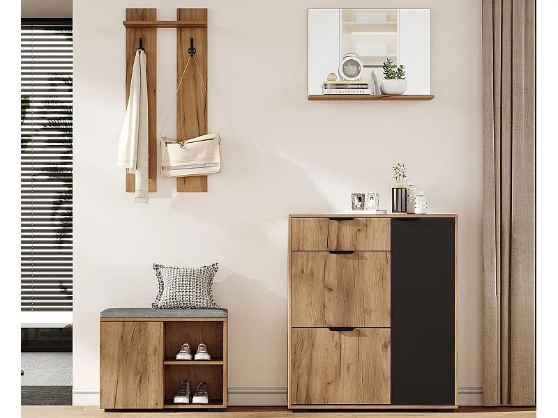 Garderoben-Set für den Eingang 4-teilig - Schuhschrank und Schuhbank - Spiegel und Kleiderständer - Natur + Schwarz