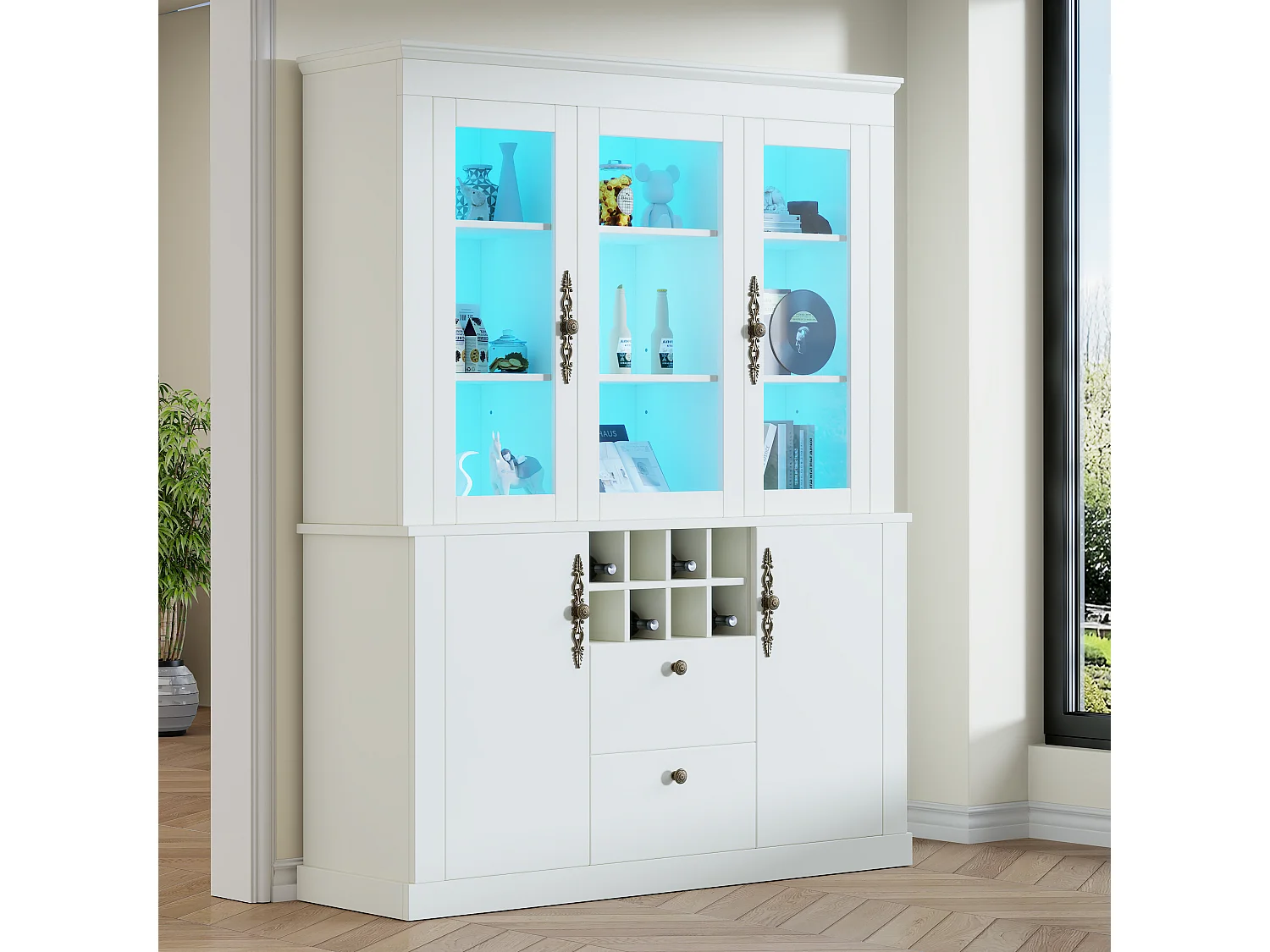 Vitrine 130x37,5x170,5 cm mit LED-Beleuchtung - mit 2 Schubladen und 4 Türen - Flaschenfächer - Weiß