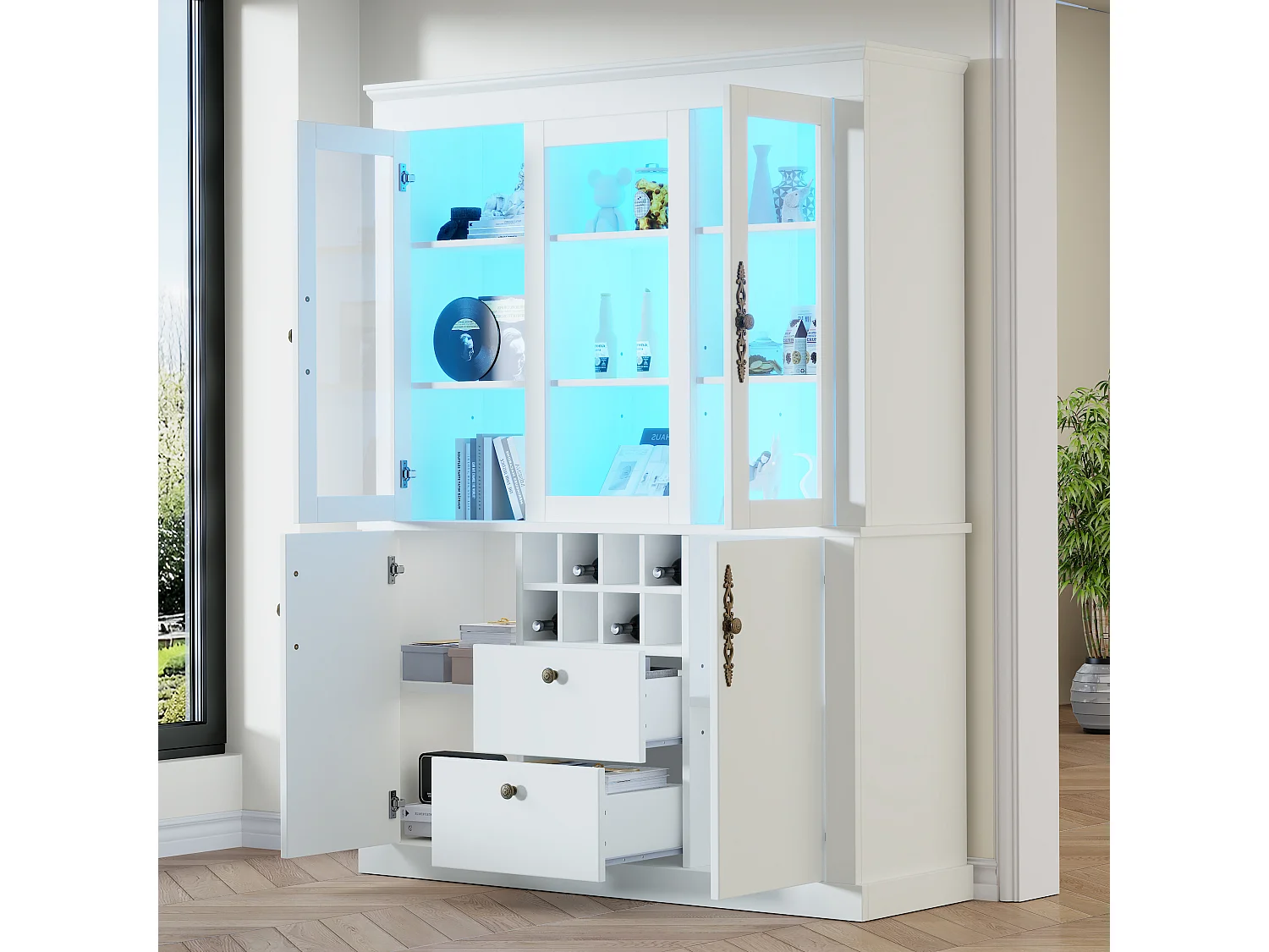 Vitrine 130x37,5x170,5 cm mit LED-Beleuchtung - mit 2 Schubladen und 4 Türen - Flaschenfächer - Weiß