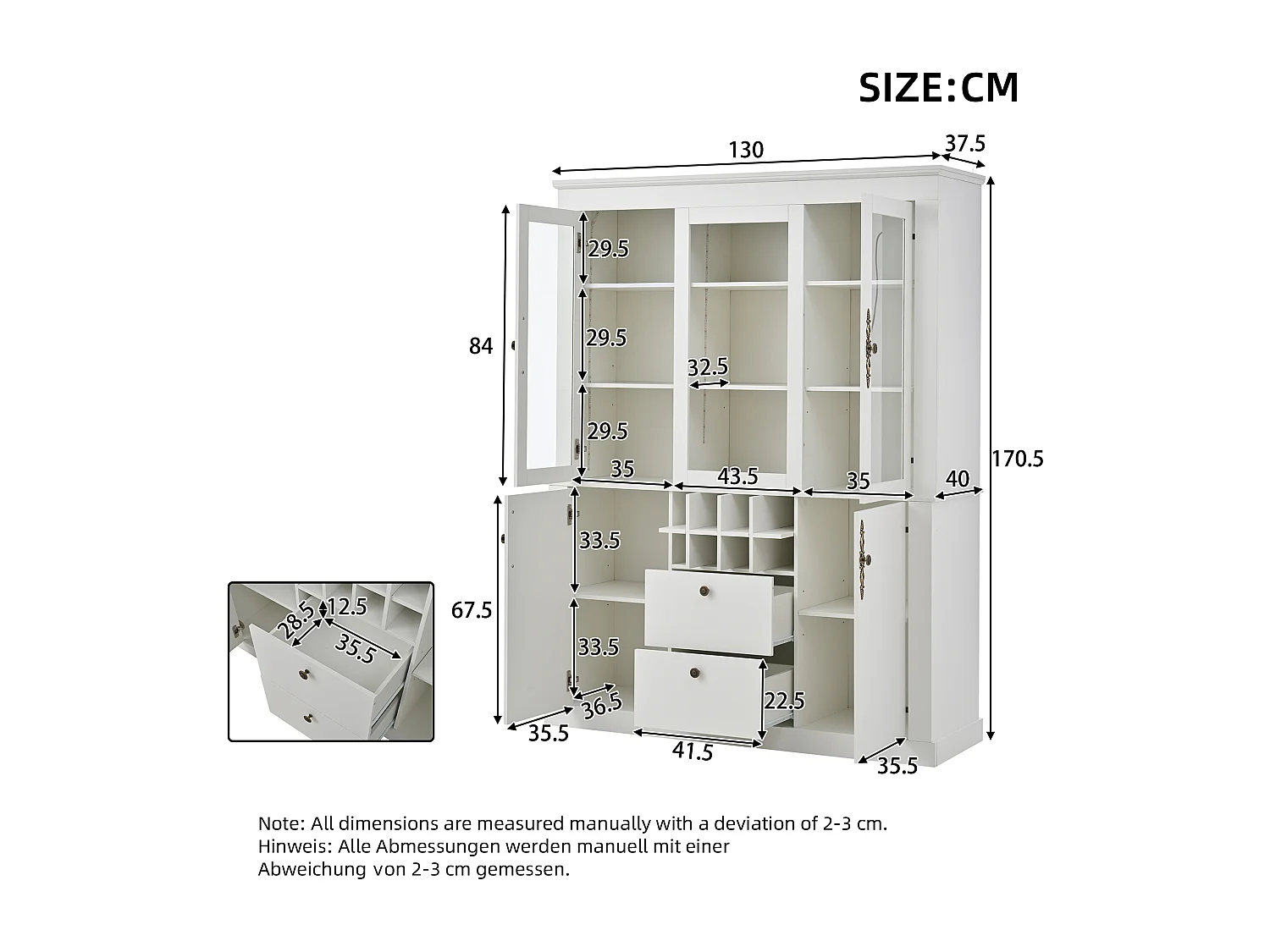 Vitrine 130x37,5x170,5 cm mit LED-Beleuchtung - mit 2 Schubladen und 4 Türen - Flaschenfächer - Weiß