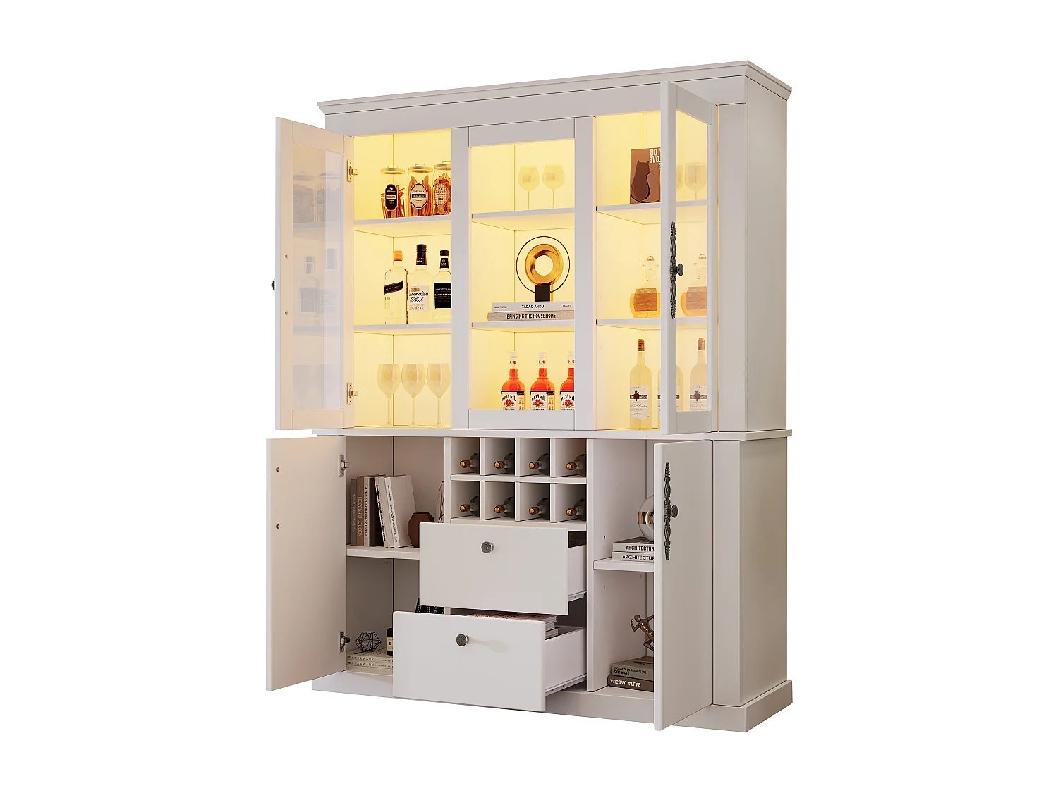 Vitrine 130x37,5x170,5 cm mit LED-Beleuchtung - mit 2 Schubladen und 4 Türen - Flaschenfächer - Weiß