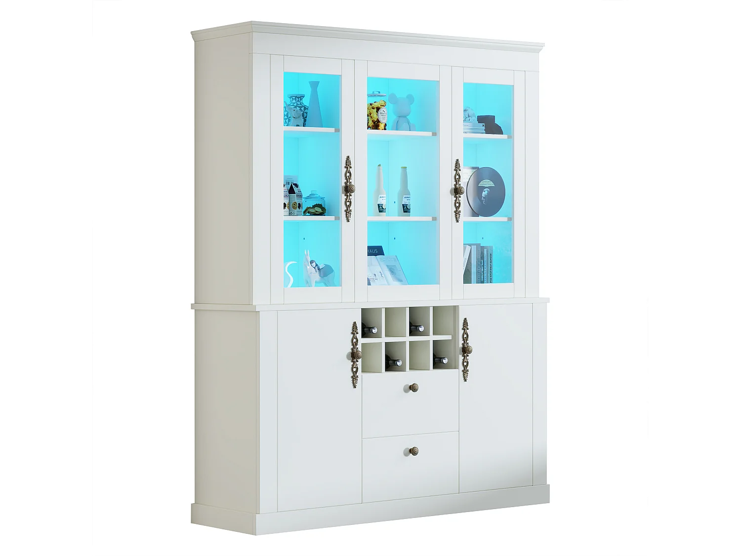 Vitrine 130x37,5x170,5 cm mit LED-Beleuchtung - mit 2 Schubladen und 4 Türen - Flaschenfächer - Weiß