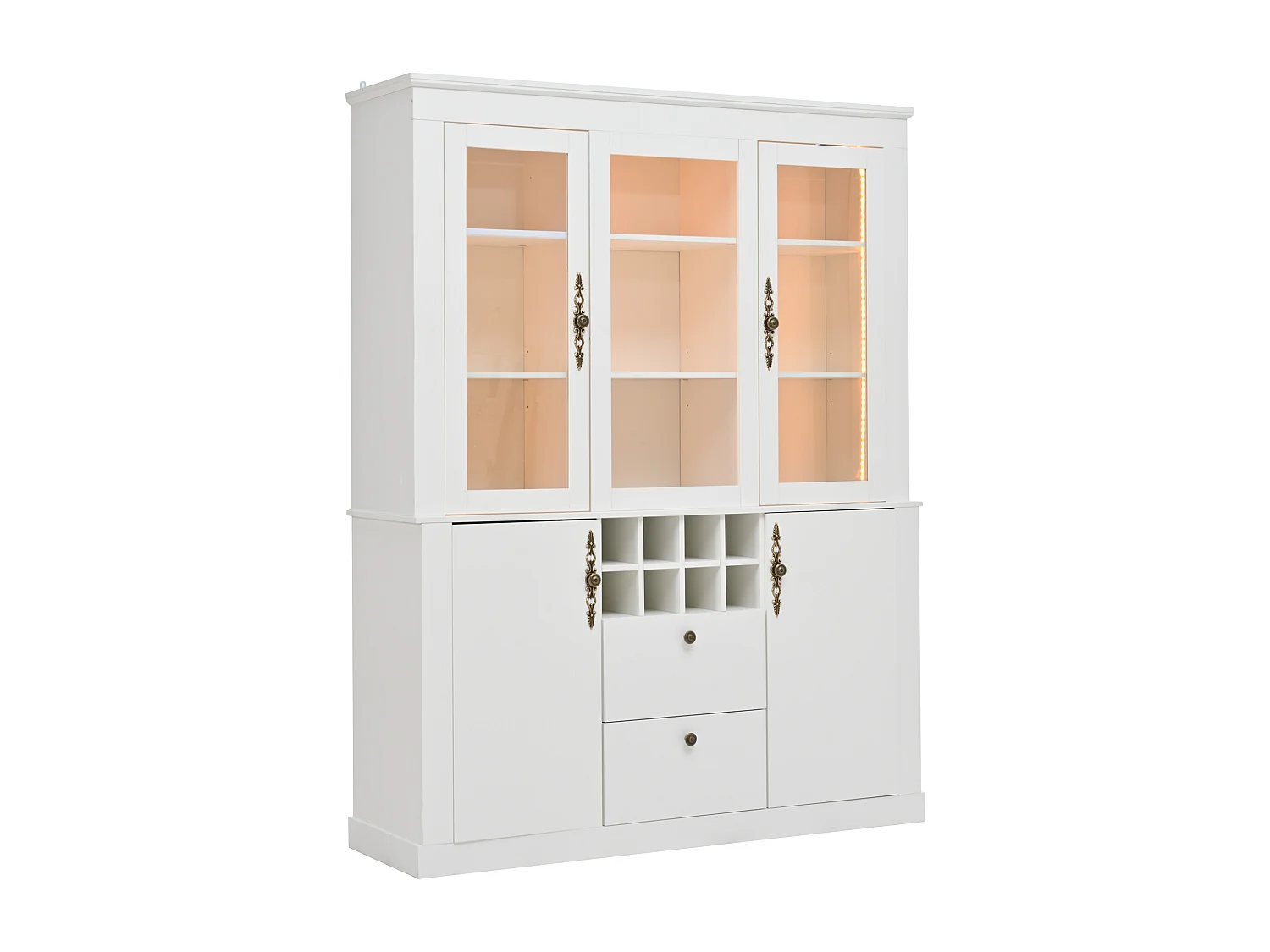 Vitrine 130x37,5x170,5 cm mit LED-Beleuchtung - mit 2 Schubladen und 4 Türen - Flaschenfächer - Weiß