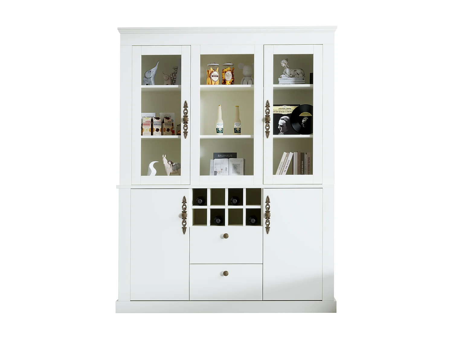 Vitrine 130x37,5x170,5 cm mit LED-Beleuchtung - mit 2 Schubladen und 4 Türen - Flaschenfächer - Weiß