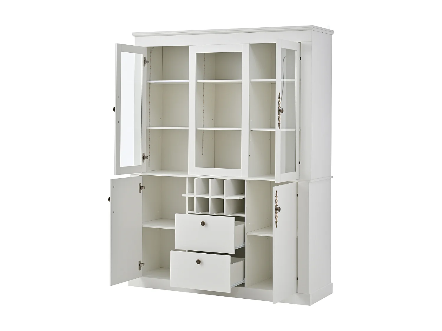 Vitrine 130x37,5x170,5 cm mit LED-Beleuchtung - mit 2 Schubladen und 4 Türen - Flaschenfächer - Weiß